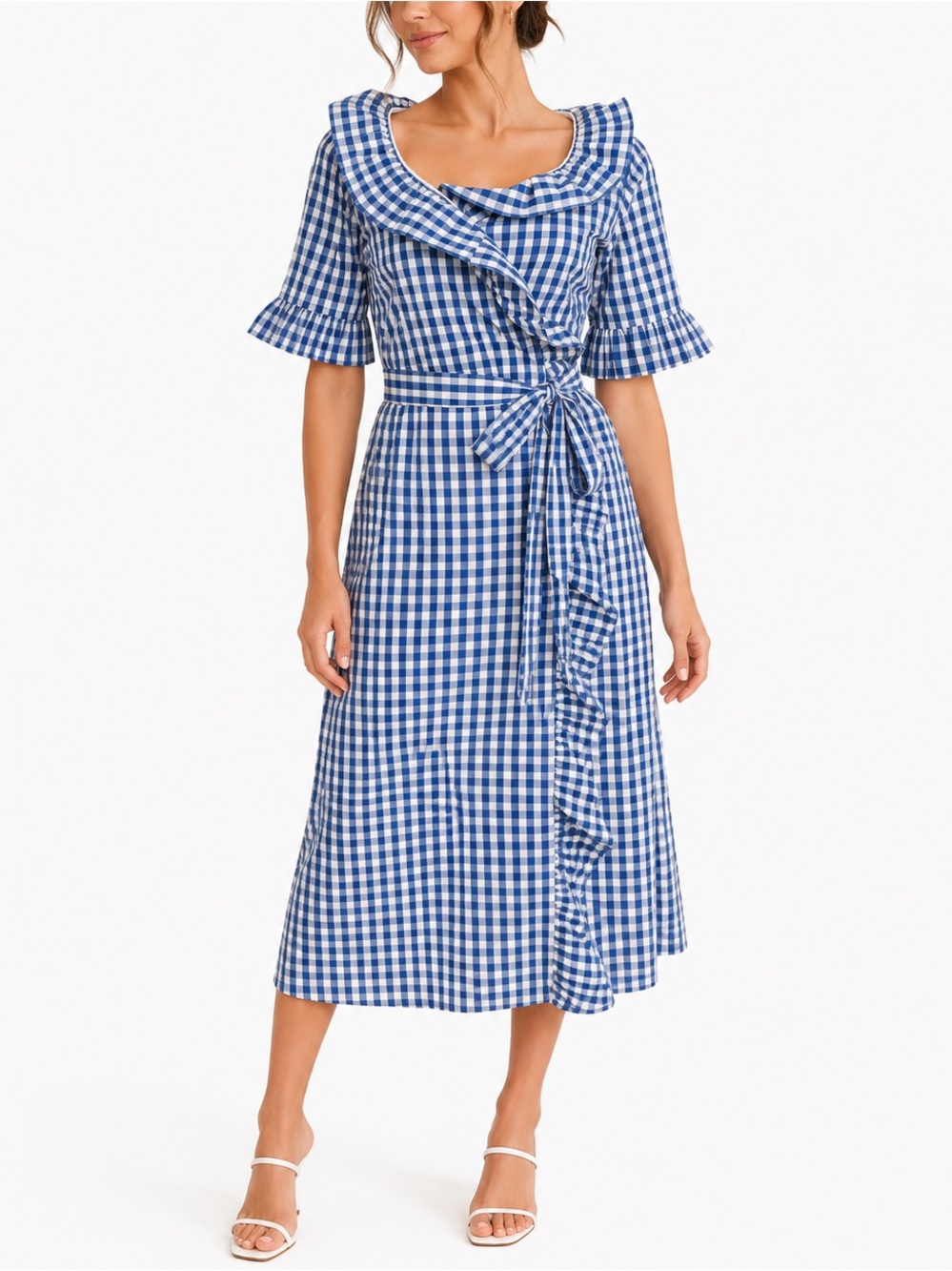 NWT ELIZABETH WILSON Women’s Blue Gingham Ruffle Wrap Midi Dress